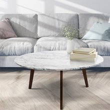 Load image into Gallery viewer, Stella 31" Round Italian Carrara White Marble Coffee Table with Walnut Legs