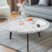 Load image into Gallery viewer, Cassara 31" Round Italian Carrara White Marble Coffee Table with Walnut Legs