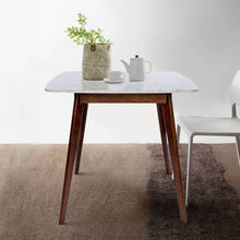 Load image into Gallery viewer, Senna 31" Square White Italian Carrara Marble Dining Table with Walnut Legs