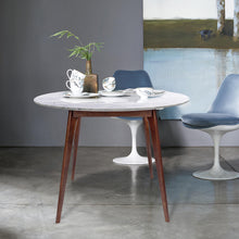 Load image into Gallery viewer, Avella 39" Round Italian Carrara White Marble Dining Table with Walnut Legs