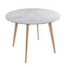 Load image into Gallery viewer, Avella 39" Round Italian Carrara White Marble Dining Table with Walnut Legs