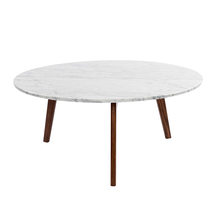 Load image into Gallery viewer, Stella 31" Round Italian Carrara White Marble Coffee Table with Walnut Legs