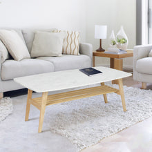 Load image into Gallery viewer, Laura 43" Rectangular Italian Carrara White Marble Coffee Table with Oak Shelf