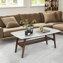 Load image into Gallery viewer, Laura 43" Rectangular Italian Carrara White Marble Coffee Table with Walnut Shelf