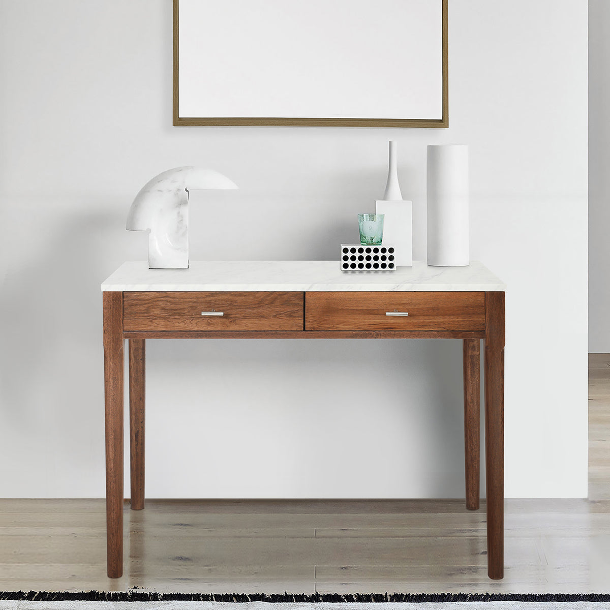 White and walnut console shop table