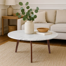 Load image into Gallery viewer, Andrea 31" Round Italian Carrara White Marble Coffee Table with Walnut Legs