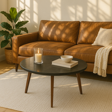 Load image into Gallery viewer, Andrea 31" Round Black Marble Coffee Table with Walnut Legs