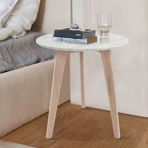 Cherie 15" Round Italian Carrara White Marble Table with Oak Legs
