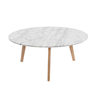 Stella 31" Round Italian Carrara White Marble Coffee Table with Walnut Legs