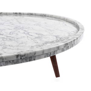 Cassara 19" Round Italian Carrara White Marble Side Table with Walnut Legs