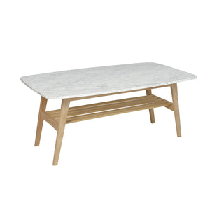 Laura 43" Rectangular Italian Carrara White Marble Coffee Table with Walnut Shelf