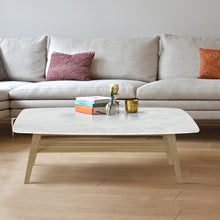Load image into Gallery viewer, Laura 43&quot; Rectangular Italian Carrara White Marble Coffee Table with Oak Shelf