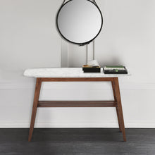 Load image into Gallery viewer, Castello 43&quot; Rectangular Italian Carrara White Marble Console Table with Walnut Shelf