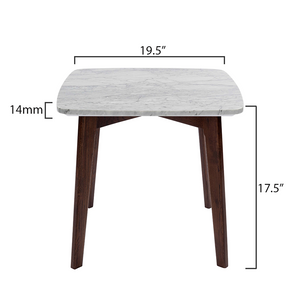 Gavia 19.5" Square Italian Carrara White Marble Side Table with Walnut Legs