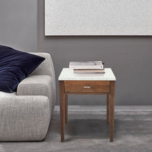Load image into Gallery viewer, Alto 18&quot; Square Italian Carrara White Marble Side Table with Walnut Leg
