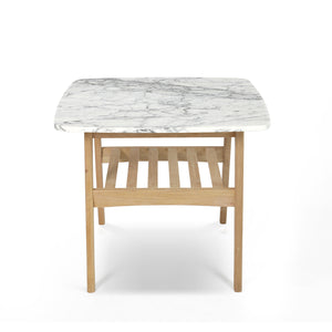 Cassoro 24" Square Italian Carrara White Marble Side Table with Oak Shelf