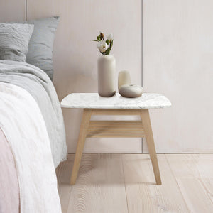 Cassoro 24" Square Italian Carrara White Marble Side Table with Oak Shelf