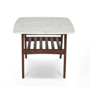Cassoro 24" Square Italian Carrara White Marble Side Table with Walnut Shelf