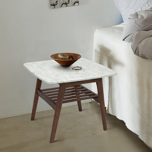 Cassoro 24" Square Italian Carrara White Marble Side Table with Walnut Shelf