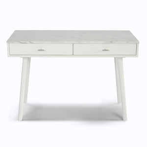 Viola 44" Rectangular Italian Carrara White Marble Writing Desk with Oak Leg